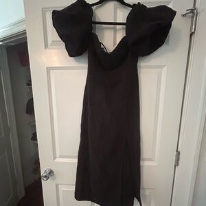 Midi black linen dress with puff sleeves